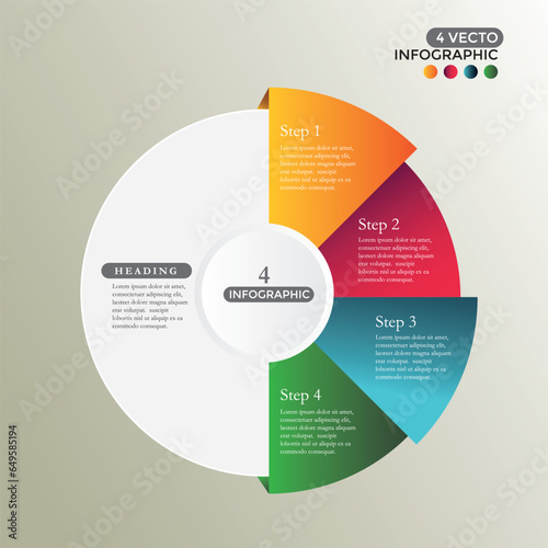 Infographics Vector Circle Template: A Business Concept with 4 Options, Steps, Parts, and Segments. This versatile design serves as a banner for cycling diagrams, round charts, pie charts