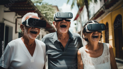 Happy seniors wearing virtual reality glasses