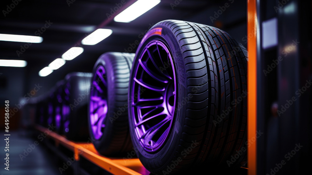 Fototapeta premium A new tire is placed on the tire storage rack in the car workshop. Purple, orange neon colors.