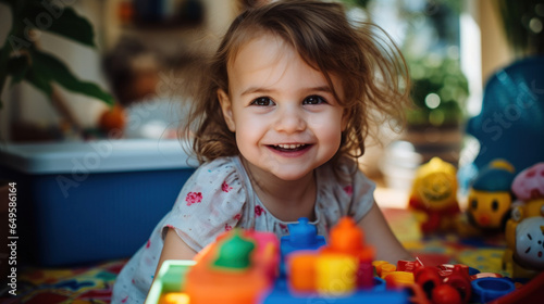 A cute little girl looks at the camera, smiles and play with toys