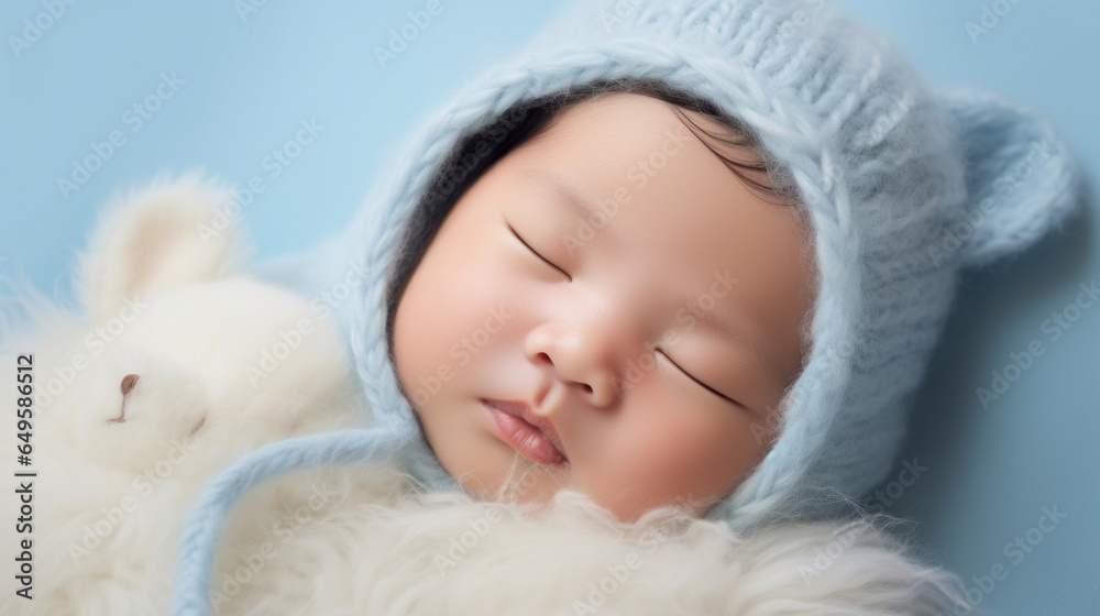 Sleeping asian baby on soft blue background Sleeping asian baby on soft blue background