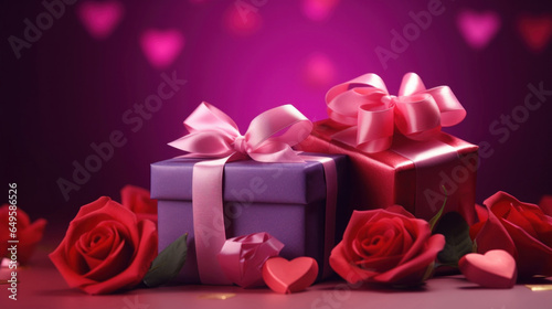 Gifts with red roses on purple and pink bokeh background