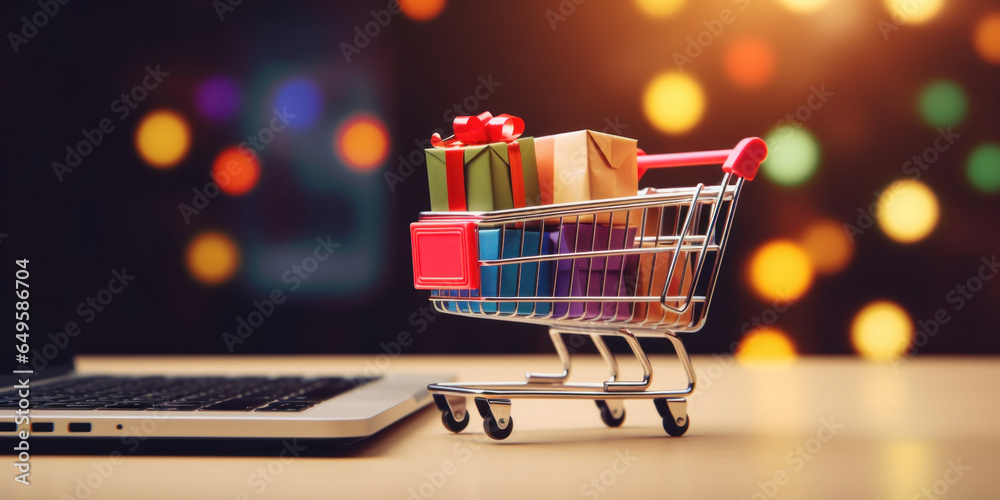 Model shopping cart with gift box, and laptop keyboard on wood table, blurred Christmas tree background Model shopping cart with gift box, and laptop keyboard on wood table, blurred Christmas tree background
