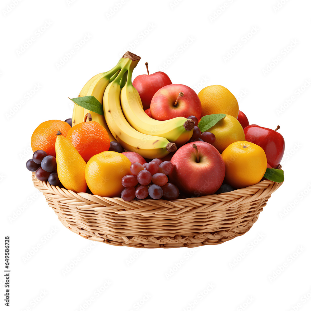 Many kinds of fruits in a basket on transparent background PNG