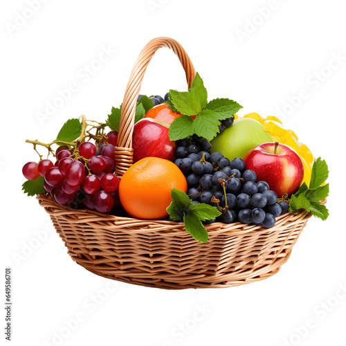 Many kinds of fruits in a basket on transparent background PNG