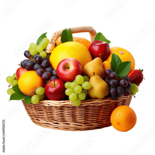 Many kinds of fruits in a basket on transparent background PNG