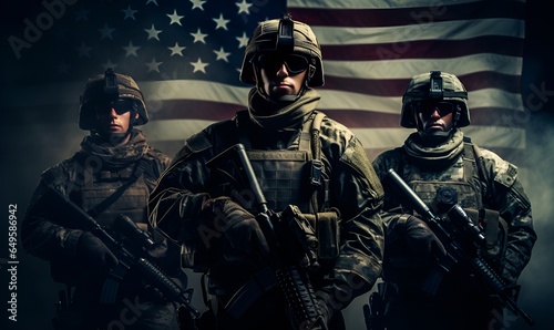 armed special forces with american flag background, ai generative