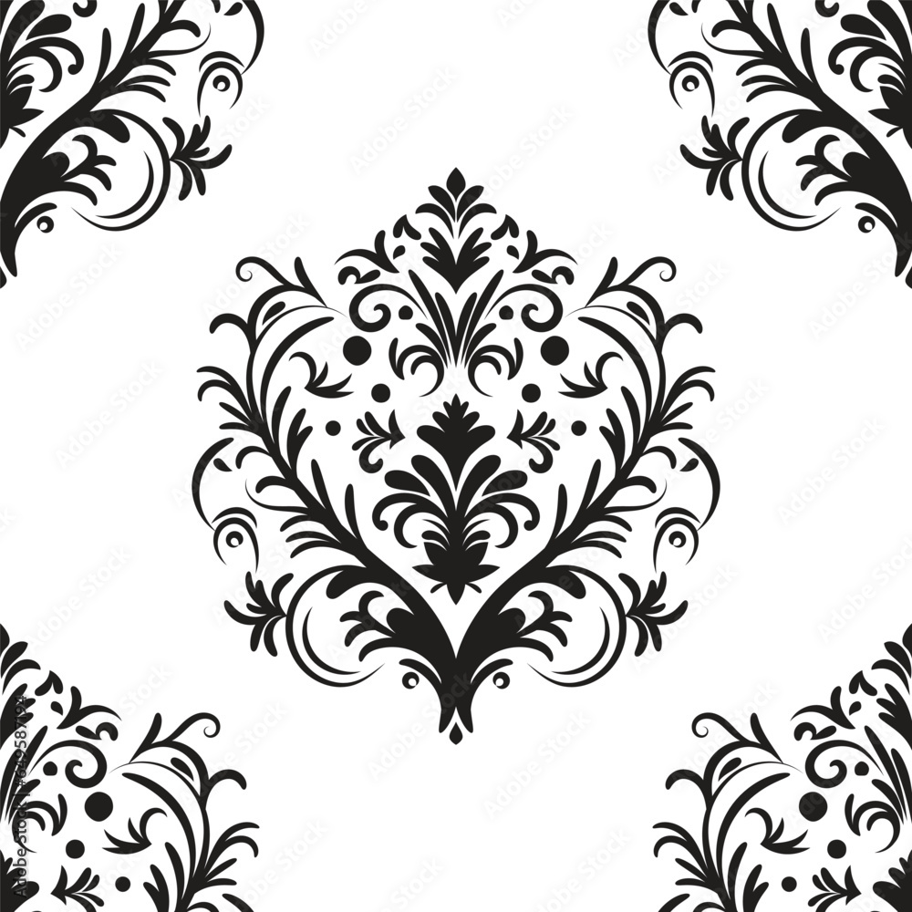 Damask floral motif tile pattern. Luxury wallpaper texture ornament decor. Baroque Textile, fabric, tiles. Isolated on a Transparent background.