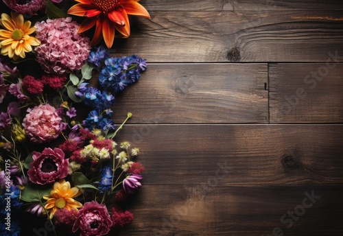 Colorful flowers bouquet on wooden background. Top view with copy space