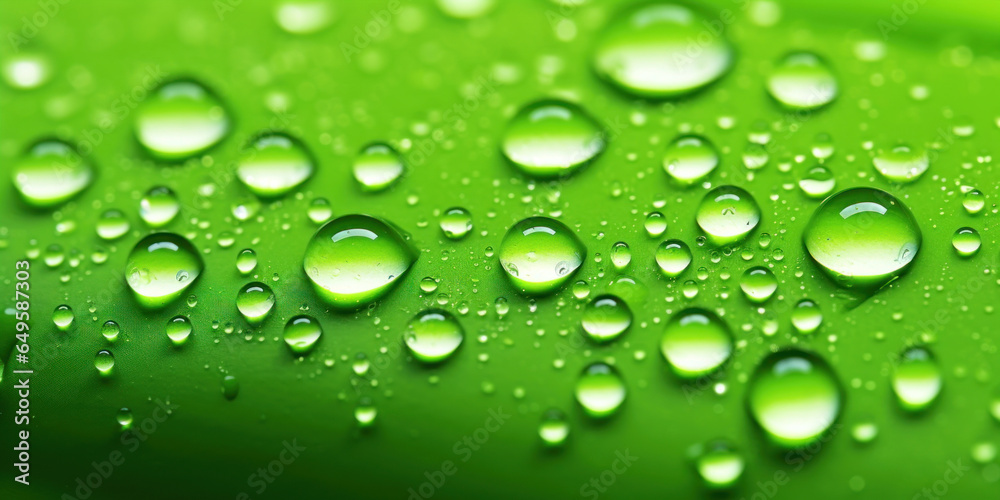 Close up water drops on green background