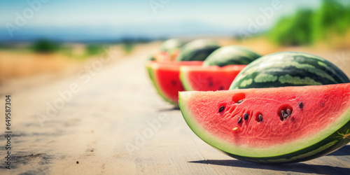Wooden table with watermelons against the backdrop of a blurred beach