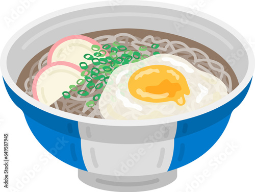 卵をのせた、温かい蕎麦のイラスト
