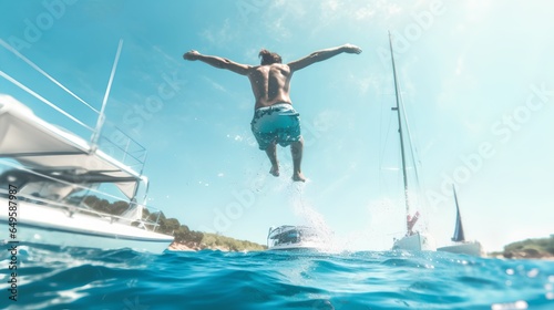A thrilling image capturing a moment of pure summer joy, as an individual takes a daring leap from a boat into the crystal clear blue waters below. The essence of summer fun and adventure. © TensorSpark