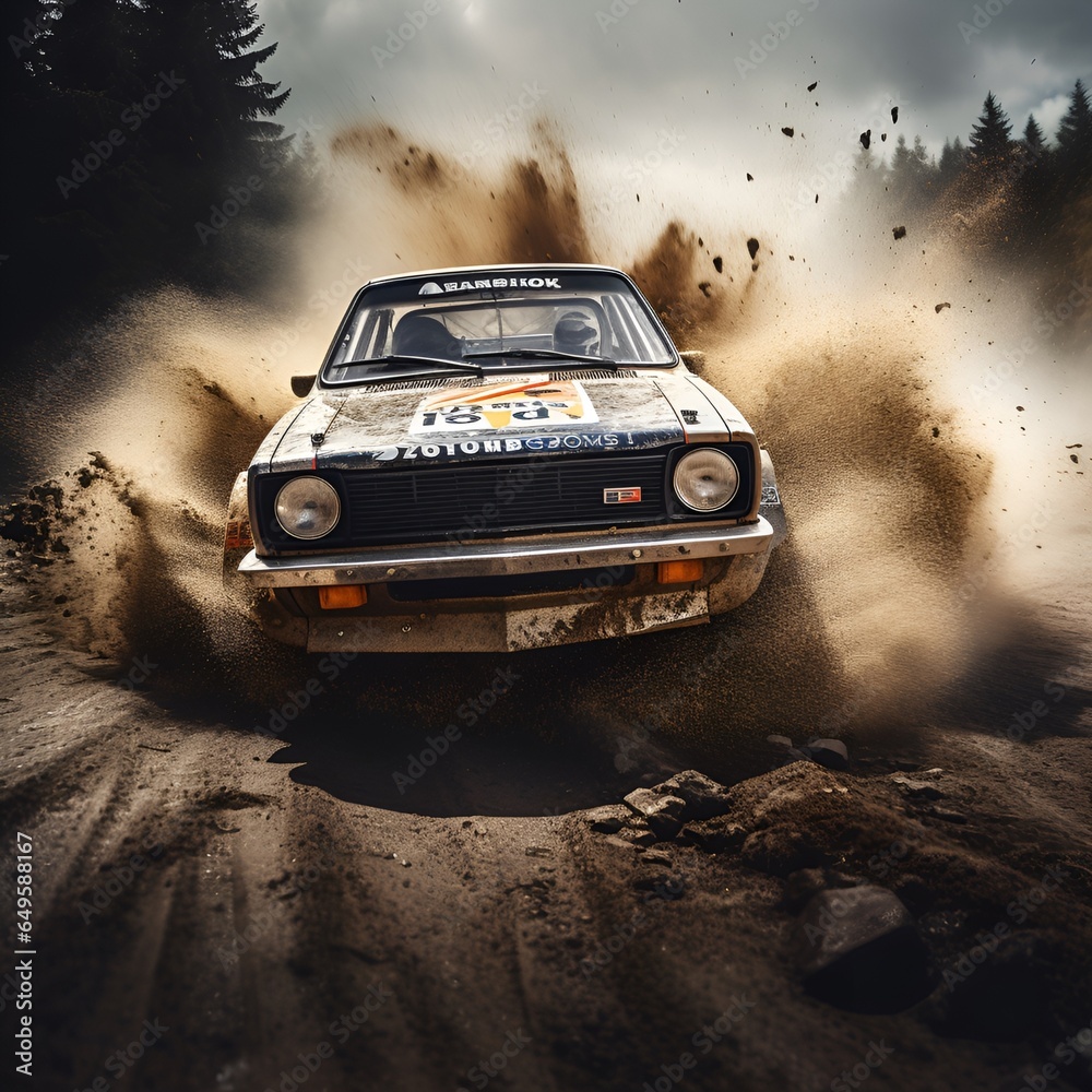 Obraz premium rally car in action on forest dirt road, ai generative