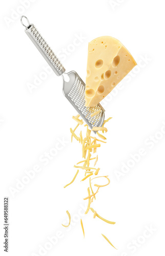 A large piece of cheese is grated and falls down in small pieces isolated on a white background