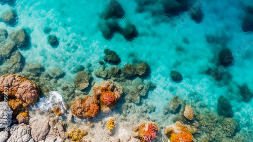 Top-down view of a coral reef mosaic in turquoise Caribbean waters.