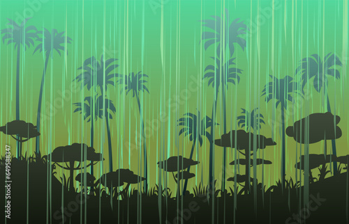 Summer rain in tropic jungle palm rainforest and dusk. Landscape with rain weather. Jets of water pour from the sky. Cartoon fun style. Flat design. Vector.