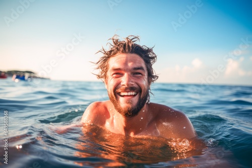 man swimming in the ocean while laughing,