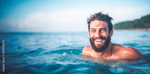 man swimming in the ocean while laughing, © XC Stock