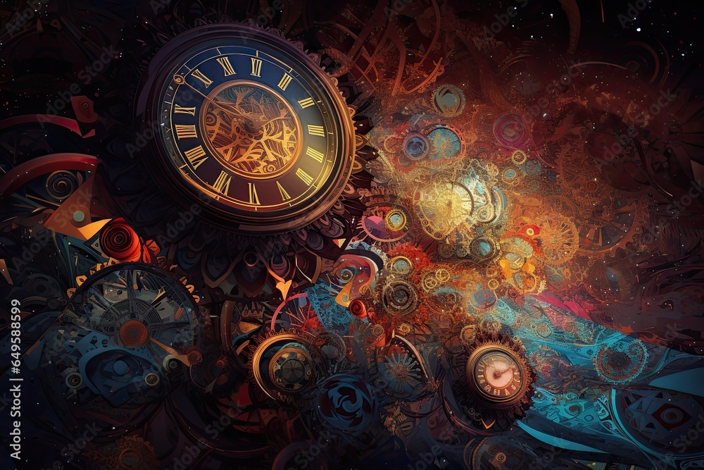 Clock in space. Futuristic abstract background. Vibrant colors. Generative AI illustration. Time and universe concept