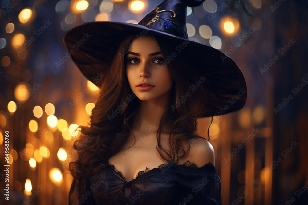 Young woman dressed in a witch costume, on Halloween. Young woman dressed in a witch costume, on Halloween.
