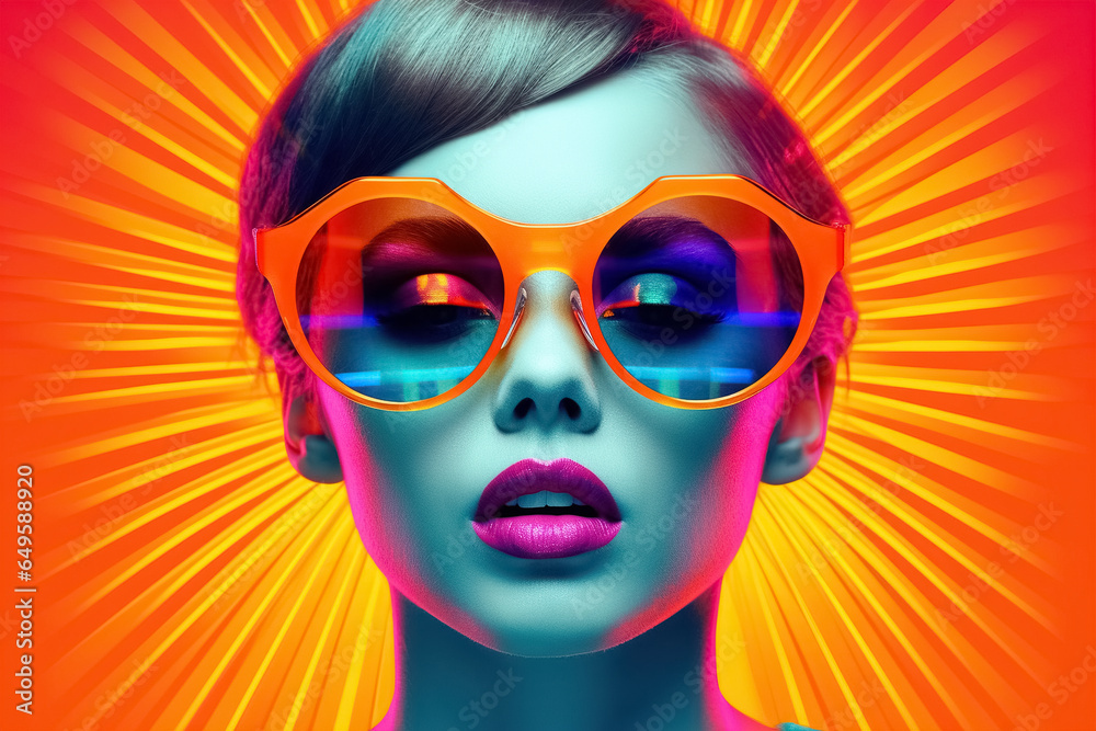 fashion portrait of woman in sunglasses on bright background, panoramic layout. Generative Ai