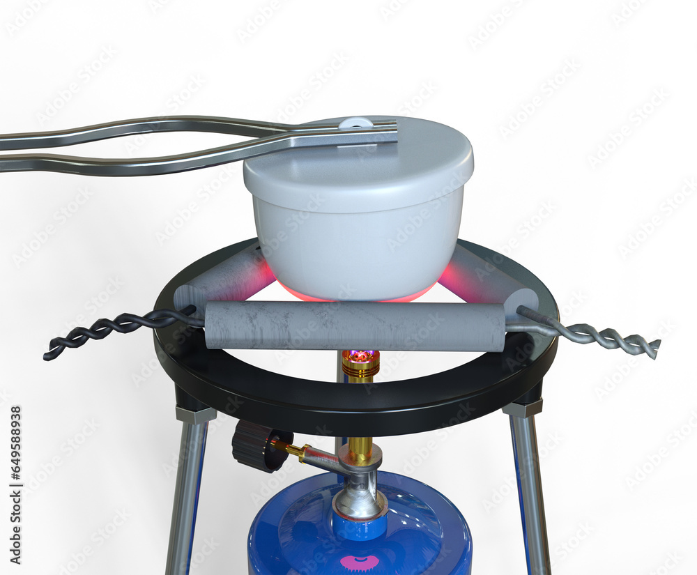 3D illustration of a crucible being heated strongly using a Bunsen