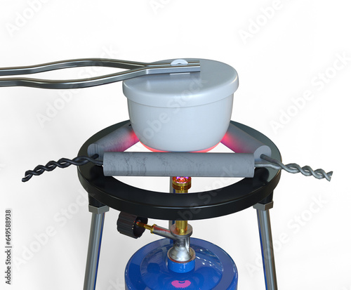 3D illustration of a crucible being heated strongly using a Bunsen burner.  The crucible lid is slightly lifted with tongs. photo
