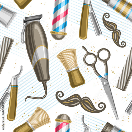 Vector Barbershop Seamless Pattern, repeating background with illustrations of barbershop equipment for wallpaper, decorative square poster with flying flat lay men beauty tools for barbershop decor