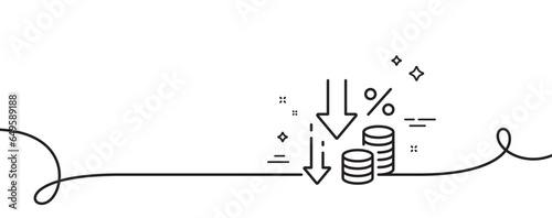 Deflation line icon. Continuous one line with curl. Money tax rate sign. Price reduction symbol. Deflation single outline ribbon. Loop curve pattern. Vector