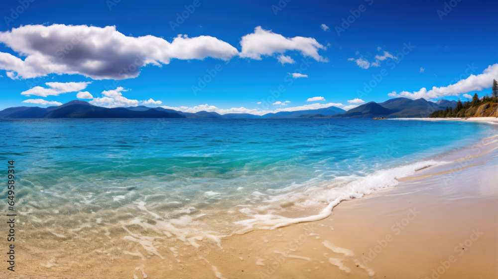 A panoramic view of a pristine sandy beach