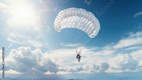 A skydiver in mid-air, with parachute yet to be deployed, against the backdrop of vast blue skies and fluffy clouds.