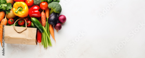 healthy raw food Healthy vegetarian food in paper bag vegetables and fruits on white background. panorama photo