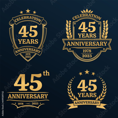 45 years anniversary icon or logo set. Vintage birthday banner design. 45th anniversary jubilee celebration golden badge or label collection. Vector illustration.