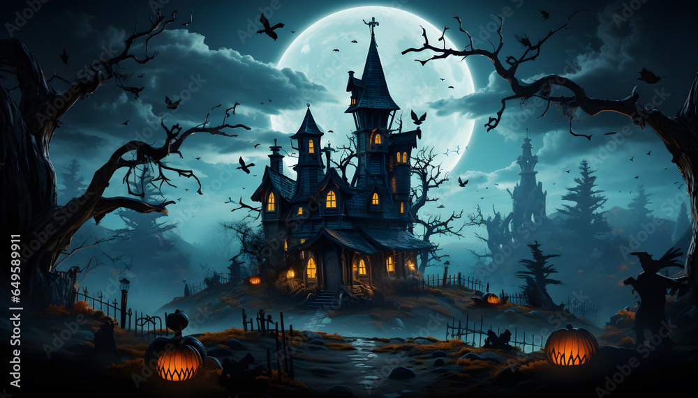 Full moon nighttime,dark landscape castles and graveyards filled, ghostly mystical fog,bats flying in sky,pumpkin heads and dead trees,candles lights,concept halloween night,generator AI illustration - obrazy, fototapety, plakaty 