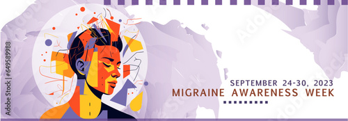 Migraine awareness week in September 2023 banner with purple colors and woman with headache. Vector concept design for disease support and healthcare 