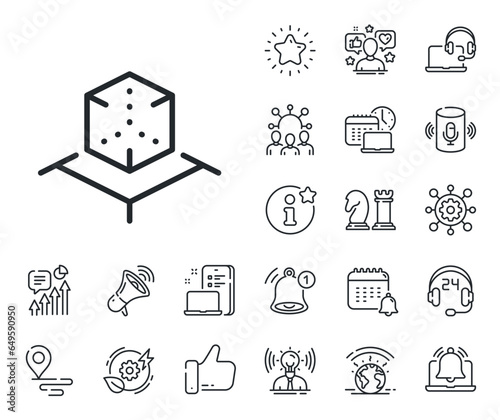 VR simulation sign. Place location, technology and smart speaker outline icons. Augmented reality line icon. 3d cube symbol. Augmented reality line sign. Influencer, brand ambassador icon. Vector