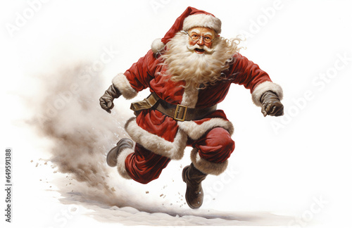 Santa Claus dashes energetically with his sack against a pristine white background, Generative AI. photo