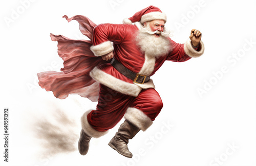 Santa Claus dashes energetically with his sack against a pristine white background, Generative AI. photo