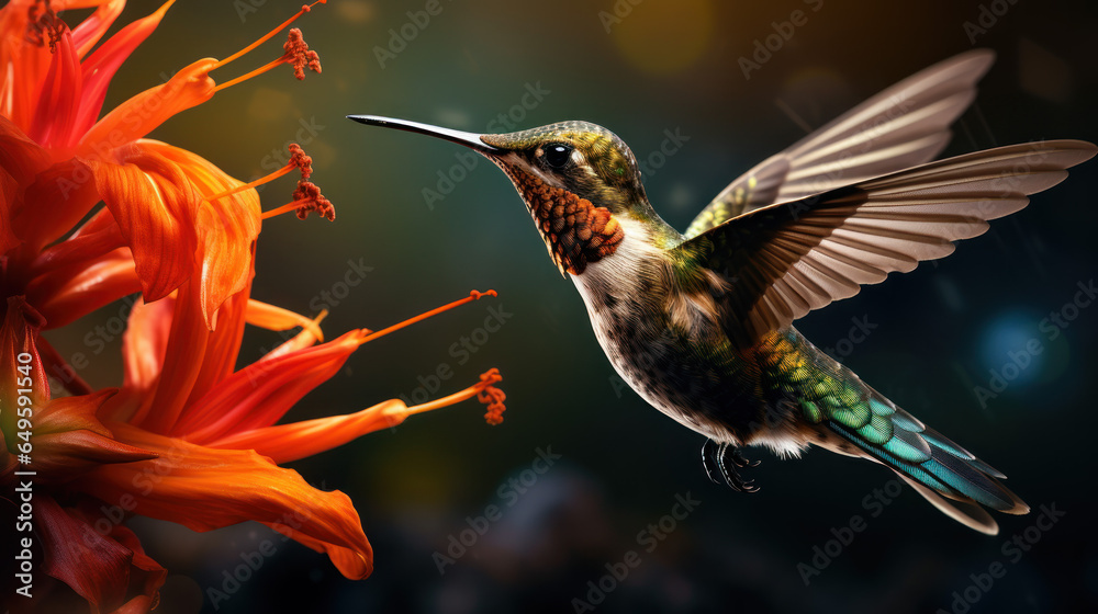 A hummingbird, its wings a blur, hovers above a vibrant flower, sipping nectar with precision. A hummingbird, its wings a blur, hovers above a vibrant flower, sipping nectar with precision.