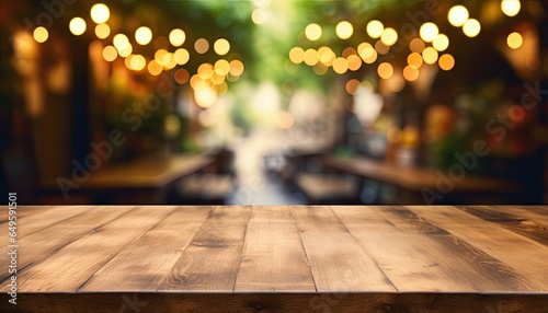 Rustic elegance. Empty wooden table on blurred interior serenity. Cozy cafe ambience. Glimpse into modern wood decor. Business buzz photo