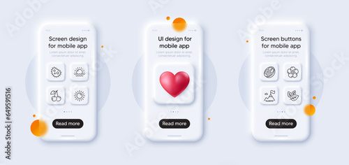 Sun, Sunset and Bacteria line icons pack. 3d phone mockups with heart. Glass smartphone screen. Pecan nut, Organic tested, Mountain flag web icon. Natural linen, Cherry pictogram. Vector