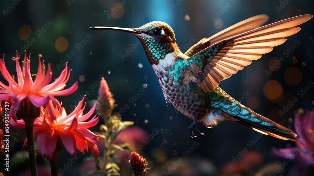 A hummingbird, its wings a blur, hovers above a vibrant flower, sipping nectar with precision.
