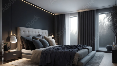 Modern interior of a bedroom with a large double bed by a panoramic window.