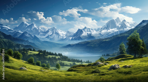 A panoramic vista of an expansive mountain range, speckled with crystal-clear lakes and lush forests.