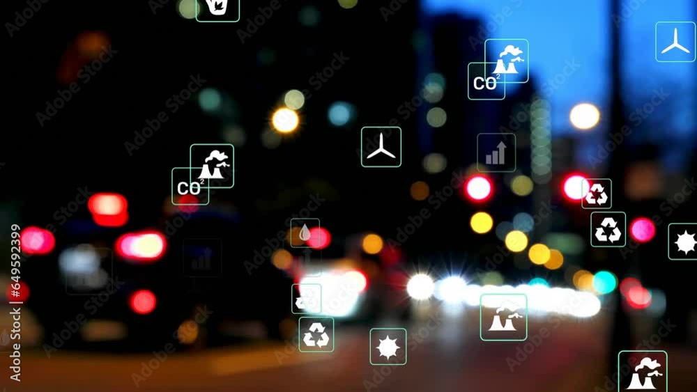 Animation of multiple icons over blurred vehicles moving on street against sky Animation of multiple icons over blurred vehicles moving on street against sky