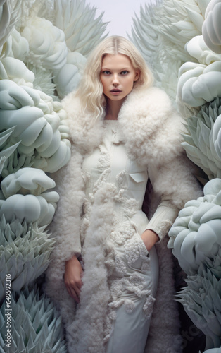 Winter fashion surreal background. Beautiful Russian model in white fur coat among giant plants . Ai generated image photo