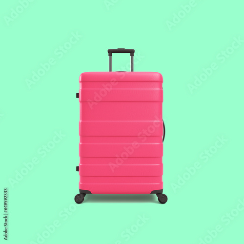 Pink travel suitcase travel concept minimal style front view 3d rendering on green