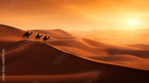 Camel Shadows Stretching Across the Golden Dunes of a Vast Desert.