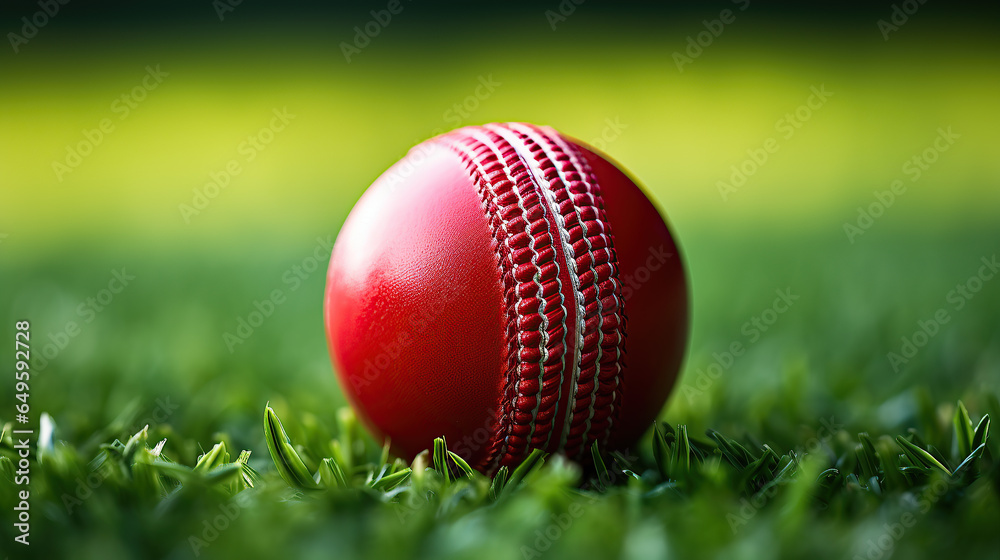 Red Cricket Ball with Prominent Seams on a Green Pitch.
